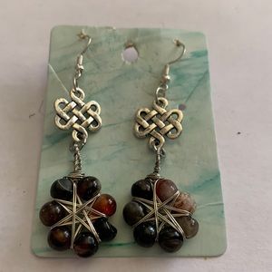 Handmade dangle earrings Black Agate/Silver & charm